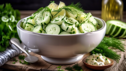 A vibrant bowl of creamy cucumber and potato salad, beautifully presented on a rustic wooden table. The salad is garnished with fresh dill and chives, with slices of cucumber and pieces of tender pota