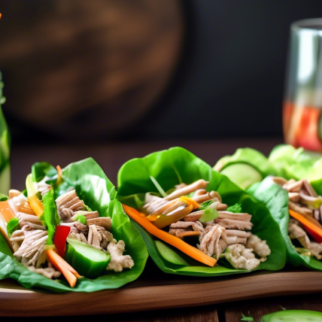A close-up of vibrant, fresh and healthy cucumber and turkey lettuce wraps, beautifully arranged on a rustic wooden platter. The lettuce wraps are filled with lean turkey slices, crisp cucumber sticks