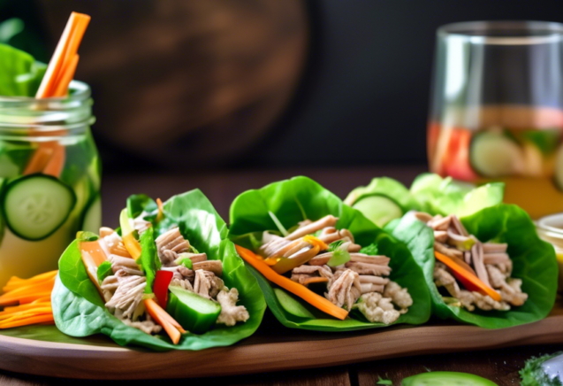 A close-up of vibrant, fresh and healthy cucumber and turkey lettuce wraps, beautifully arranged on a rustic wooden platter. The lettuce wraps are filled with lean turkey slices, crisp cucumber sticks