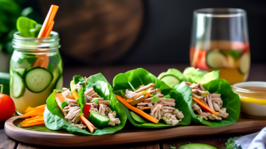 A close-up of vibrant, fresh and healthy cucumber and turkey lettuce wraps, beautifully arranged on a rustic wooden platter. The lettuce wraps are filled with lean turkey slices, crisp cucumber sticks