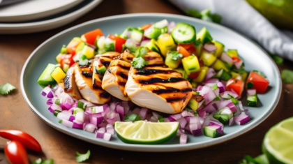Create an image of a beautifully plated dish featuring tender grilled chicken breasts with golden char marks. Beside the chicken, show a vibrant, colorful cucumber salsa made with diced cucumbers, tom