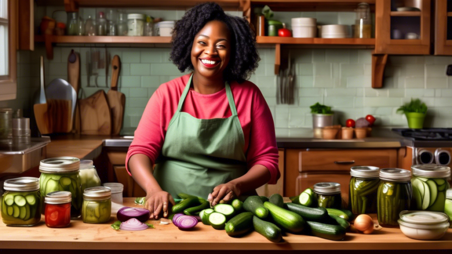 Create a detailed and vibrant image of a cozy kitchen scene where a person is making homemade cucumber and red onion pickles. The counter is filled with fresh cucumbers, red onions, jars, vinegar, and