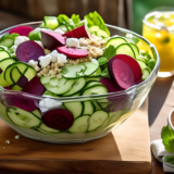 A vibrant summer salad featuring thinly sliced cucumbers and beets, topped with creamy crumbles of goat cheese, served on a rustic wooden table. The salad is garnished with fresh herbs, and a light vi