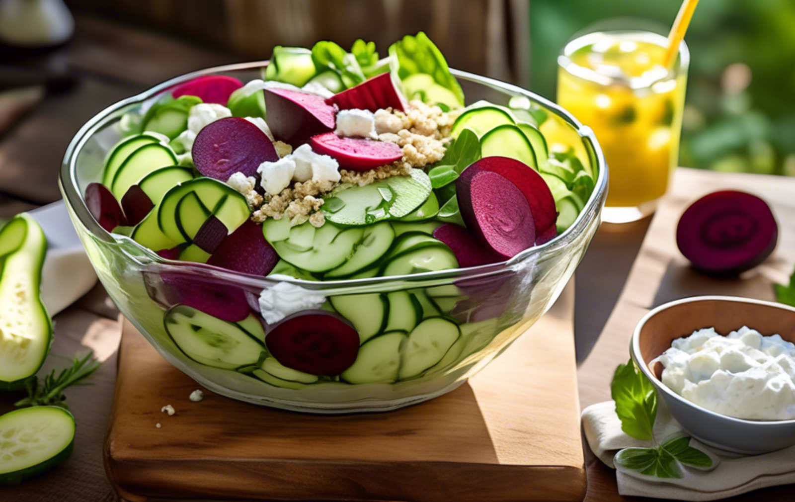 A vibrant summer salad featuring thinly sliced cucumbers and beets, topped with creamy crumbles of goat cheese, served on a rustic wooden table. The salad is garnished with fresh herbs, and a light vi