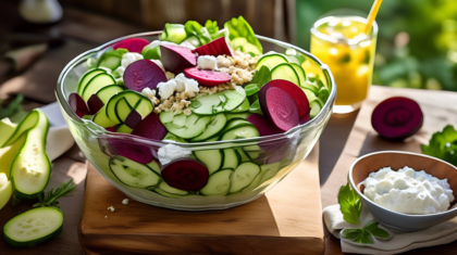 A vibrant summer salad featuring thinly sliced cucumbers and beets, topped with creamy crumbles of goat cheese, served on a rustic wooden table. The salad is garnished with fresh herbs, and a light vi