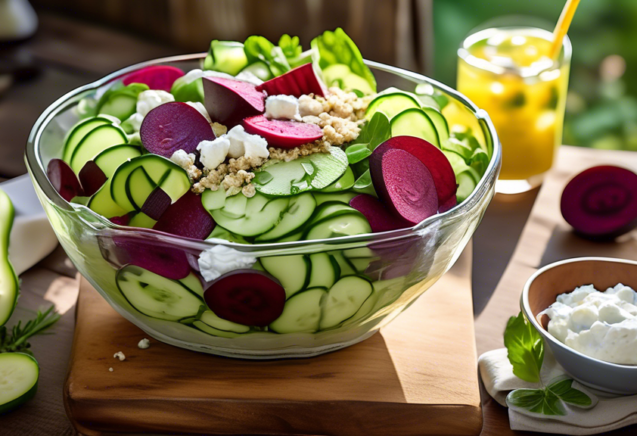 A vibrant summer salad featuring thinly sliced cucumbers and beets, topped with creamy crumbles of goat cheese, served on a rustic wooden table. The salad is garnished with fresh herbs, and a light vi