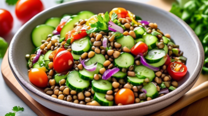 Create an image of a vibrant and refreshing cucumber and lentil salad presented in a beautiful bowl. The salad should include sliced cucumbers, mixed lentils, cherry tomatoes, red onions, fresh herbs