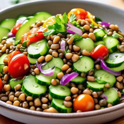 Create an image of a vibrant and refreshing cucumber and lentil salad presented in a beautiful bowl. The salad should include sliced cucumbers, mixed lentils, cherry tomatoes, red onions, fresh herbs