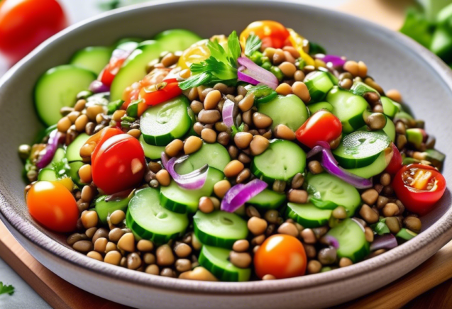 Create an image of a vibrant and refreshing cucumber and lentil salad presented in a beautiful bowl. The salad should include sliced cucumbers, mixed lentils, cherry tomatoes, red onions, fresh herbs