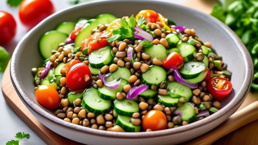 Create an image of a vibrant and refreshing cucumber and lentil salad presented in a beautiful bowl. The salad should include sliced cucumbers, mixed lentils, cherry tomatoes, red onions, fresh herbs