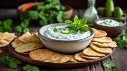 A beautifully arranged bowl of creamy cucumber and mint yogurt dip, garnished with fresh mint leaves and cucumber slices, set on a rustic wooden table. Surround the bowl with an assortment of colorful