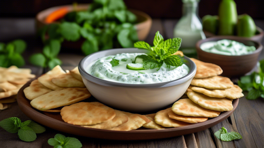 A beautifully arranged bowl of creamy cucumber and mint yogurt dip, garnished with fresh mint leaves and cucumber slices, set on a rustic wooden table. Surround the bowl with an assortment of colorful