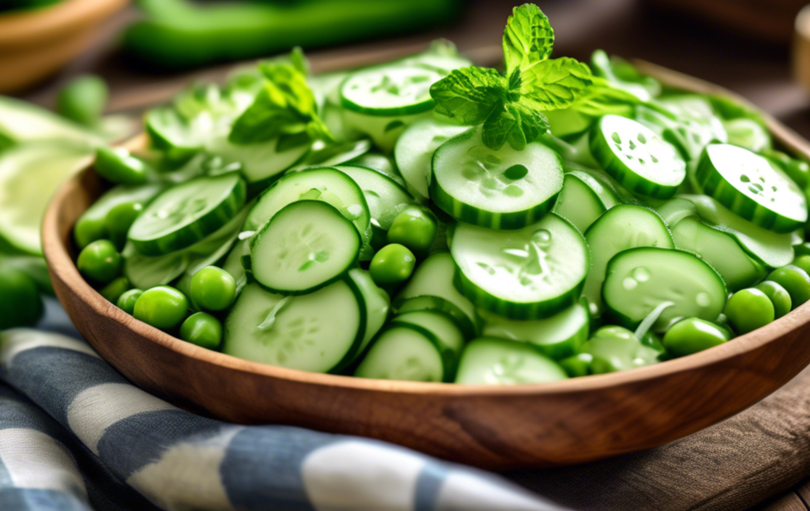 Create an image featuring a vibrant salad composed of sliced cucumbers and peas, mixed with fresh mint leaves. The salad should be presented in a rustic wooden bowl, with the green colors of the ingre