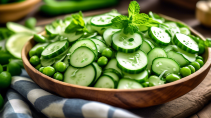 Create an image featuring a vibrant salad composed of sliced cucumbers and peas, mixed with fresh mint leaves. The salad should be presented in a rustic wooden bowl, with the green colors of the ingre