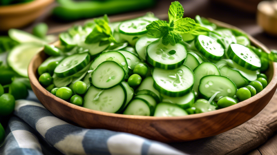 Create an image featuring a vibrant salad composed of sliced cucumbers and peas, mixed with fresh mint leaves. The salad should be presented in a rustic wooden bowl, with the green colors of the ingre