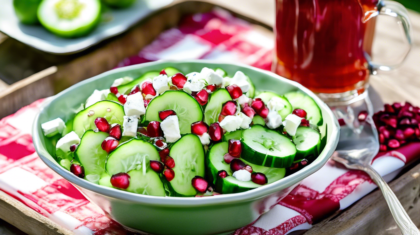 A vibrant bowl of cucumber and pomegranate salad, with fresh cucumber slices, juicy pomegranate seeds, mint leaves, and a light vinaigrette dressing. The salad is garnished with crumbled feta cheese a