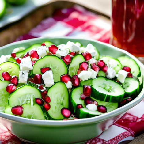 A vibrant bowl of cucumber and pomegranate salad, with fresh cucumber slices, juicy pomegranate seeds, mint leaves, and a light vinaigrette dressing. The salad is garnished with crumbled feta cheese a