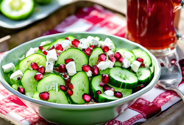 A vibrant bowl of cucumber and pomegranate salad, with fresh cucumber slices, juicy pomegranate seeds, mint leaves, and a light vinaigrette dressing. The salad is garnished with crumbled feta cheese a