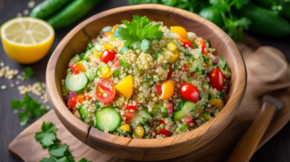 A vibrant and fresh cucumber and quinoa tabouli salad displayed in a rustic wooden bowl. The salad is bursting with color from the finely chopped cucumber, red and yellow bell peppers, cherry tomatoes