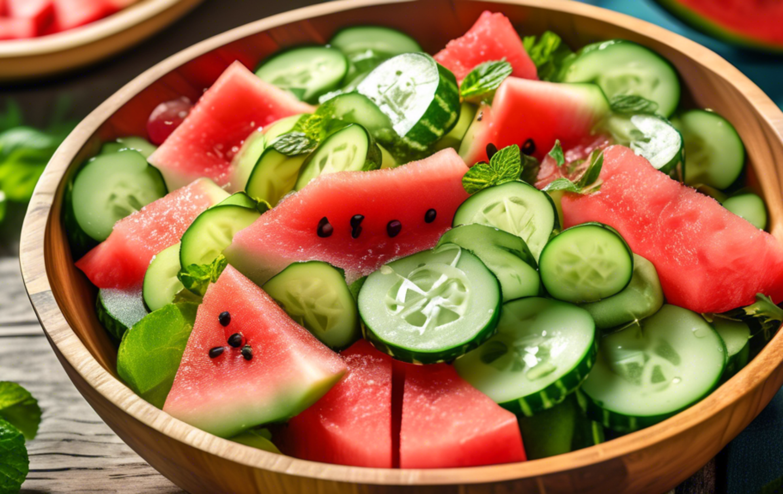 A vibrant and colorful summer salad featuring fresh slices of cucumber and watermelon, garnished with mint leaves and dressed with a light, tangy vinaigrette. The dish is presented in a rustic wooden