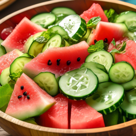 A vibrant and colorful summer salad featuring fresh slices of cucumber and watermelon, garnished with mint leaves and dressed with a light, tangy vinaigrette. The dish is presented in a rustic wooden