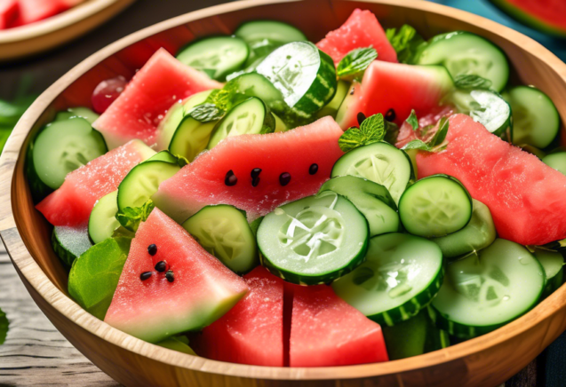 A vibrant and colorful summer salad featuring fresh slices of cucumber and watermelon, garnished with mint leaves and dressed with a light, tangy vinaigrette. The dish is presented in a rustic wooden