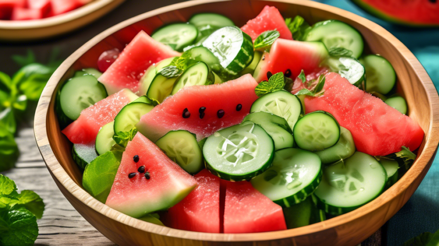 A vibrant and colorful summer salad featuring fresh slices of cucumber and watermelon, garnished with mint leaves and dressed with a light, tangy vinaigrette. The dish is presented in a rustic wooden