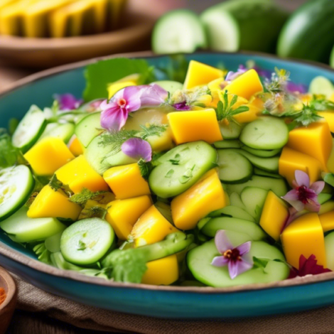 Create a vibrant, colorful image of a refreshing cucumber and mango salad. The salad should be beautifully arranged in a rustic bowl, showcasing the crisp cucumbers and juicy mango slices. Garnish the