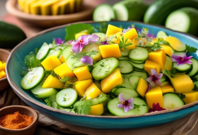 Create a vibrant, colorful image of a refreshing cucumber and mango salad. The salad should be beautifully arranged in a rustic bowl, showcasing the crisp cucumbers and juicy mango slices. Garnish the