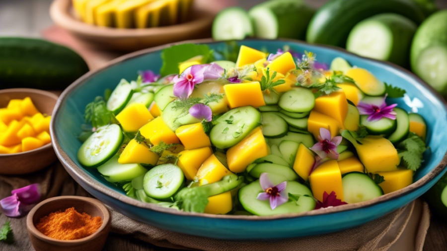 Create a vibrant, colorful image of a refreshing cucumber and mango salad. The salad should be beautifully arranged in a rustic bowl, showcasing the crisp cucumbers and juicy mango slices. Garnish the