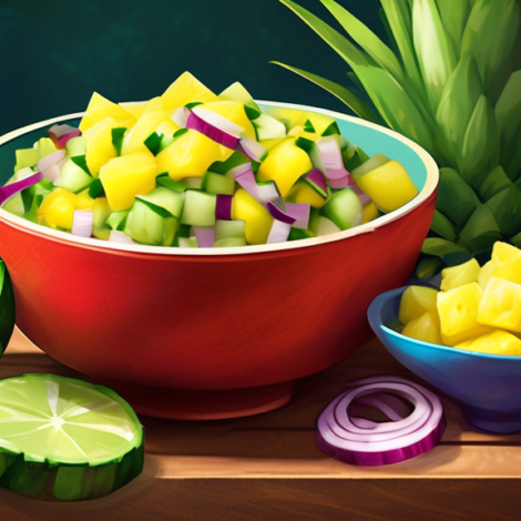Create a vibrant, zesty cucumber and pineapple salsa served in a colorful bowl with fresh ingredients like diced cucumber, pineapple chunks, red onion, cilantro, and a squeeze of lime. Show the salsa