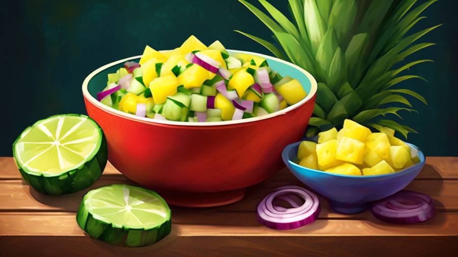 Create a vibrant, zesty cucumber and pineapple salsa served in a colorful bowl with fresh ingredients like diced cucumber, pineapple chunks, red onion, cilantro, and a squeeze of lime. Show the salsa