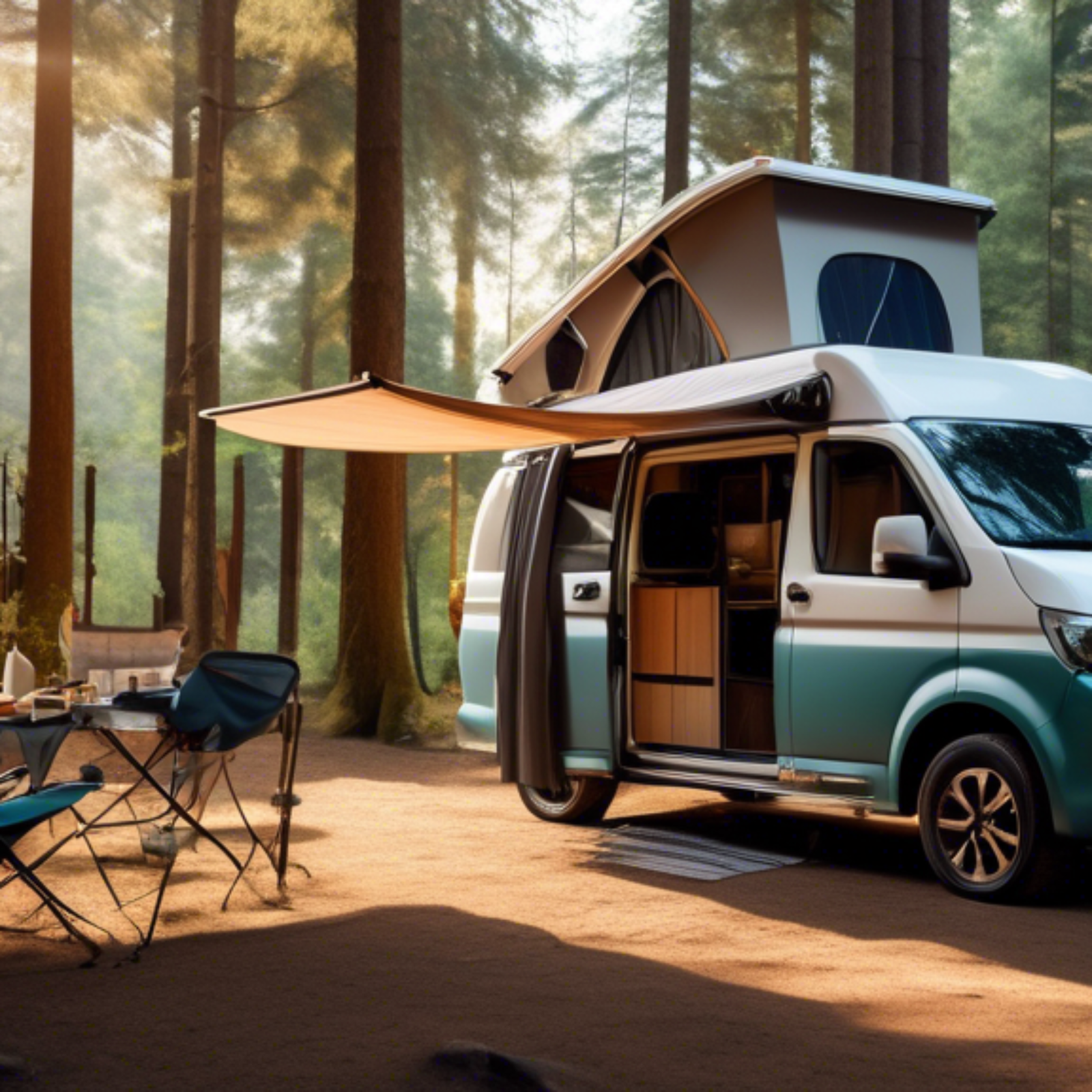 A modern camper van parked in a forest with shaded trees, surrounded by nature. The camper has windows open with light curtains gently blowing, a solar pan