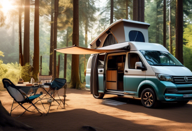 A modern camper van parked in a forest with shaded trees, surrounded by nature. The camper has windows open with light curtains gently blowing, a solar pan