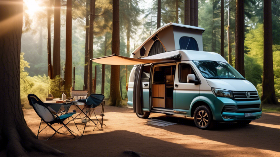 A modern camper van parked in a forest with shaded trees, surrounded by nature. The camper has windows open with light curtains gently blowing, a solar pan