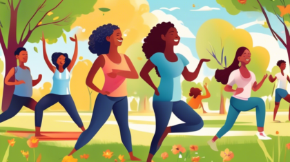 A diverse group of individuals happily engaging in various daily activities that promote mental and physical health. Some people are practicing yoga, other