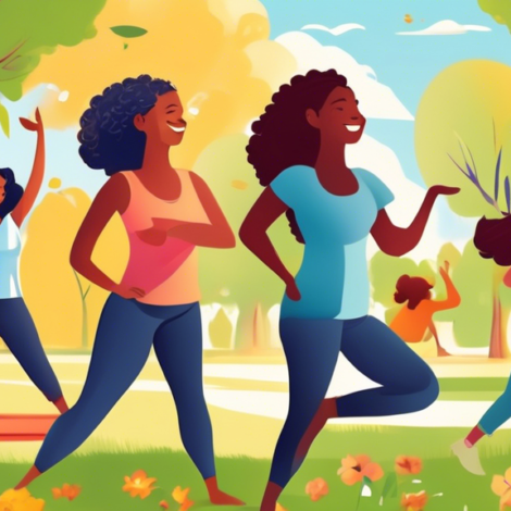 A diverse group of individuals happily engaging in various daily activities that promote mental and physical health. Some people are practicing yoga, other