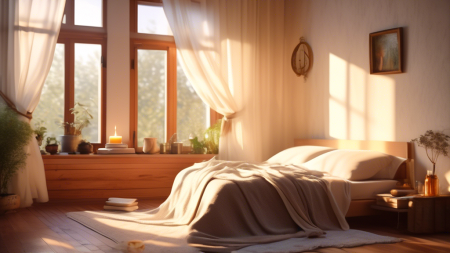 An inviting bedroom bathed in soft morning sunlight, with light curtains gently swaying in the breeze. A cozy bed with fluffy pillows and a warm, neatly fo