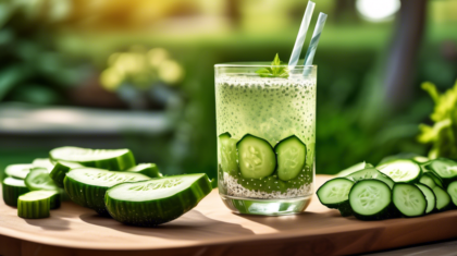 Create an image of a refreshing, vibrant drink in a clear glass, filled with thinly sliced cucumbers and chia seeds suspended in the liquid. The background features a sunny and lush garden scene, with