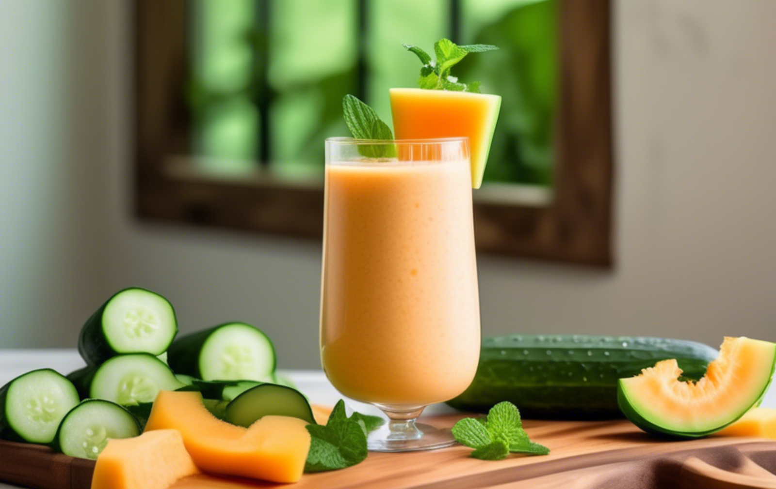 Create a vibrant and refreshing scene featuring a tall glass of cucumber and cantaloupe smoothie. Show the smoothie garnished with a sprig of mint and a cucumber slice on the rim. Surround the glass w