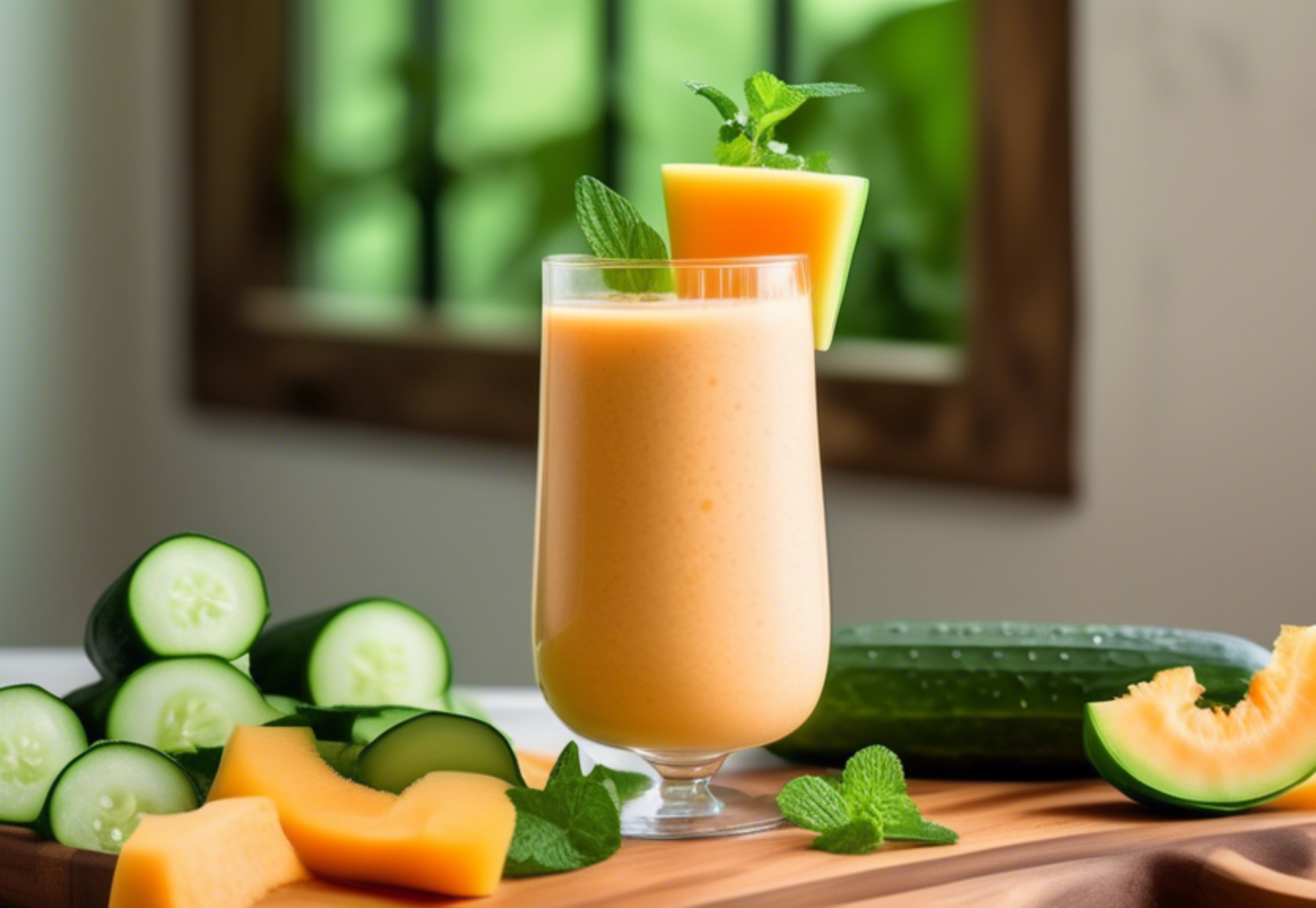 Create a vibrant and refreshing scene featuring a tall glass of cucumber and cantaloupe smoothie. Show the smoothie garnished with a sprig of mint and a cucumber slice on the rim. Surround the glass w