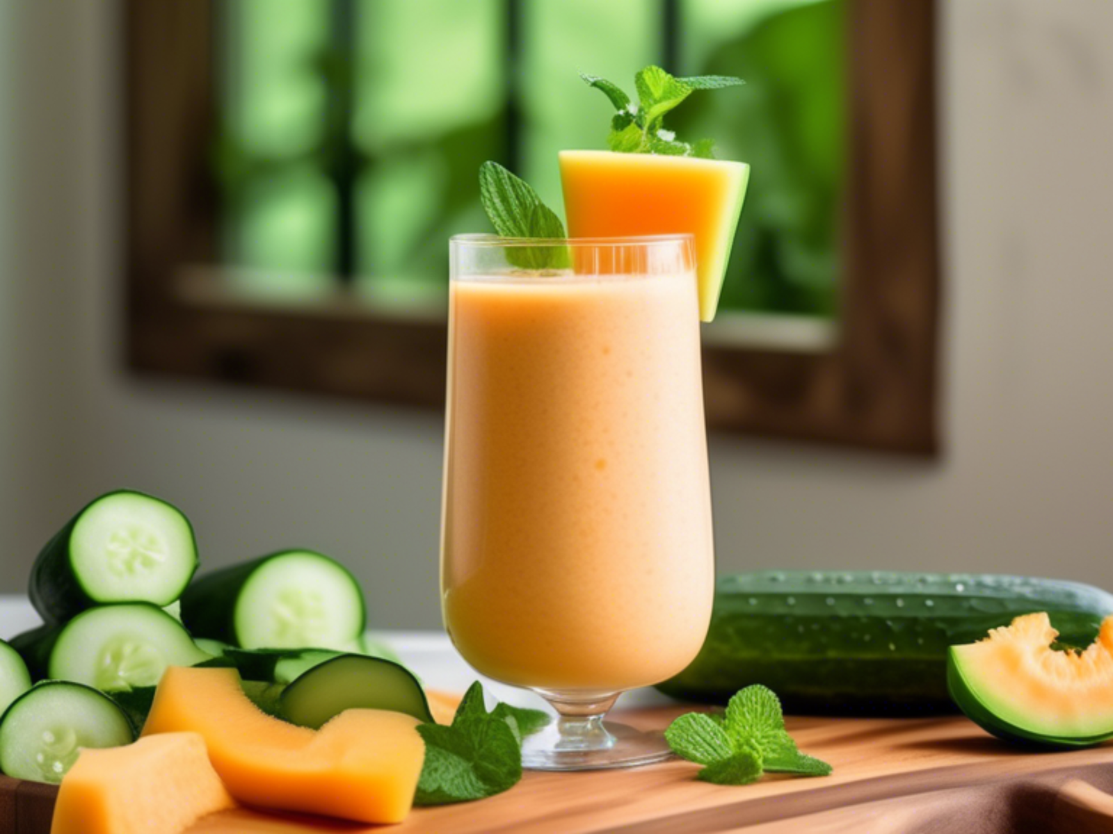 Create a vibrant and refreshing scene featuring a tall glass of cucumber and cantaloupe smoothie. Show the smoothie garnished with a sprig of mint and a cucumber slice on the rim. Surround the glass w