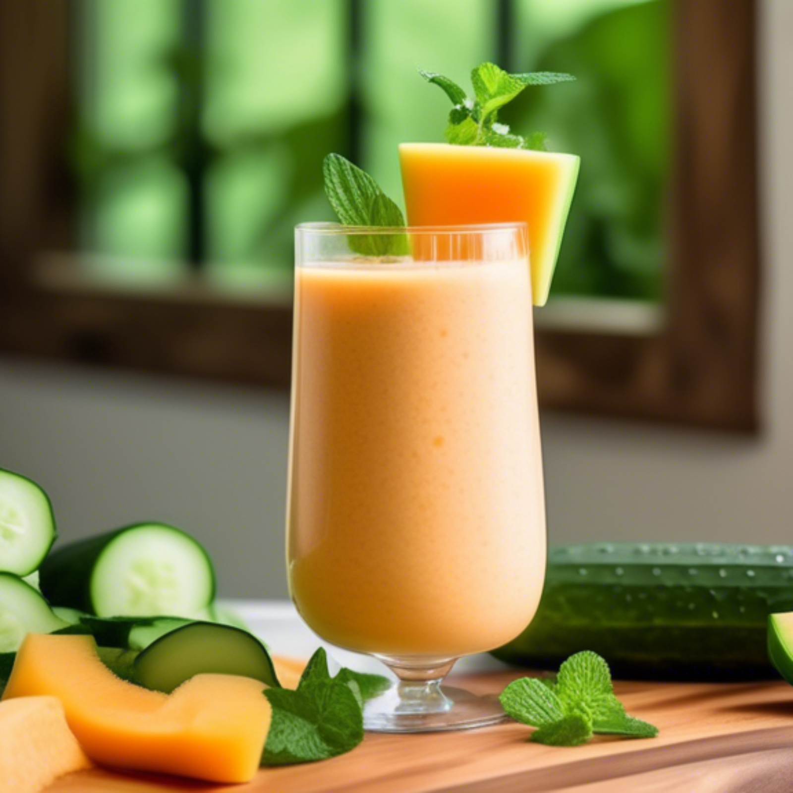 Create a vibrant and refreshing scene featuring a tall glass of cucumber and cantaloupe smoothie. Show the smoothie garnished with a sprig of mint and a cucumber slice on the rim. Surround the glass w