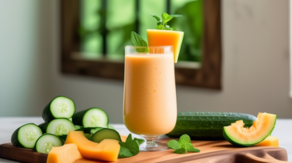 Create a vibrant and refreshing scene featuring a tall glass of cucumber and cantaloupe smoothie. Show the smoothie garnished with a sprig of mint and a cucumber slice on the rim. Surround the glass w