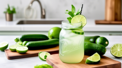 A beautifully styled kitchen counter featuring a mason jar filled with a refreshing cucumber and lime spritzer. The drink is garnished with fresh lime slices and cucumber ribbons, with a sprig of mint