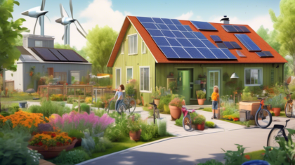 An eco-friendly suburban home with solar panels on the roof, a lush vegetable garden in the yard, rainwater harvesting barrels, and a family diligently rec