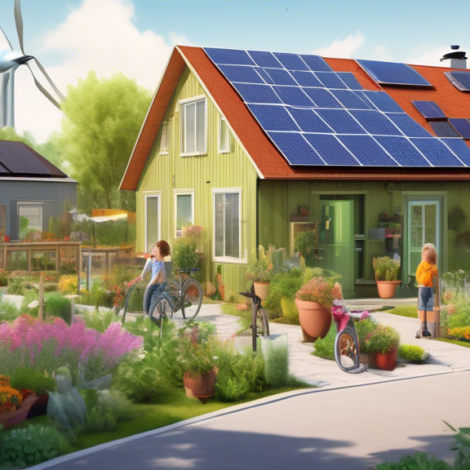 An eco-friendly suburban home with solar panels on the roof, a lush vegetable garden in the yard, rainwater harvesting barrels, and a family diligently rec