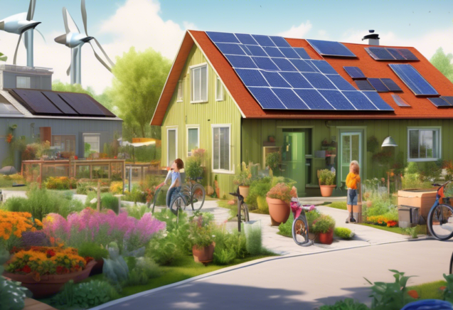 An eco-friendly suburban home with solar panels on the roof, a lush vegetable garden in the yard, rainwater harvesting barrels, and a family diligently rec