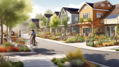 A serene, eco-friendly neighborhood with modern solar-paneled homes, lush community gardens, people riding bicycles, and a curbside compost bin. The scene