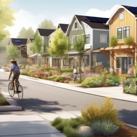 A serene, eco-friendly neighborhood with modern solar-paneled homes, lush community gardens, people riding bicycles, and a curbside compost bin. The scene